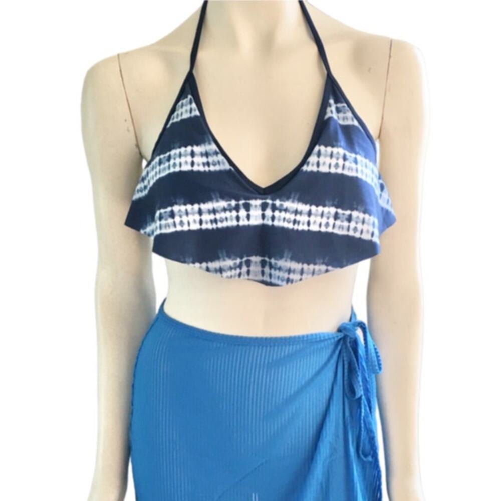 BOBBIE BROOKS Tie Dye Stripe Flounce Front Halter Tie Bikini Top Blue White SZ L